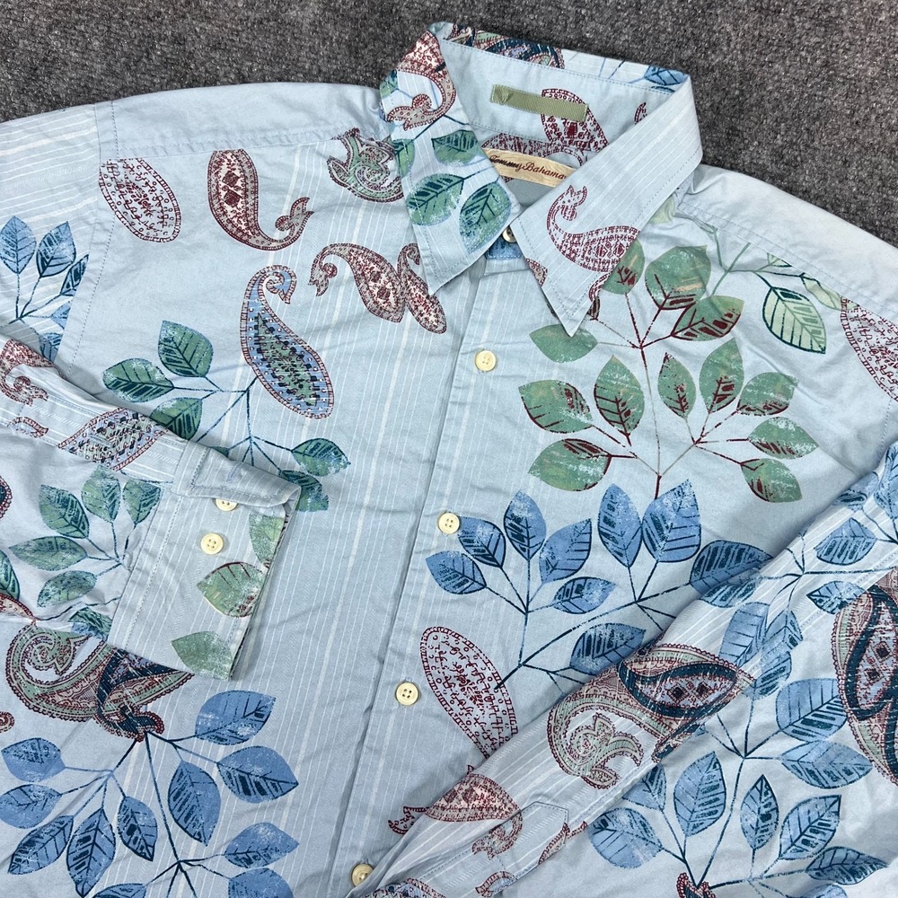 Tommy Bahama 100% Silk Shirt Paisley Leaf Print Long Sleeve Button Front Size L